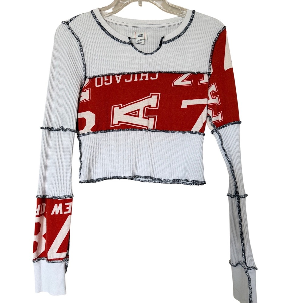 BDG Urban Outfitters Patchwork Thermal Crop Top Waffle Knit Long Sleeve Sz M